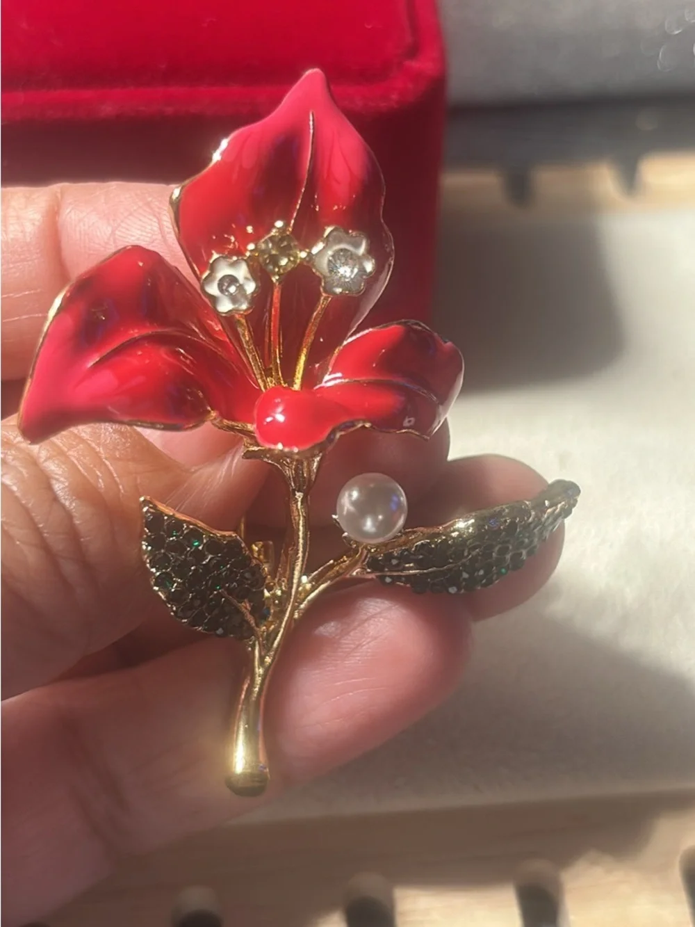 Red Floral Enamel & Gold-Tone Brooch with Pearl Accent